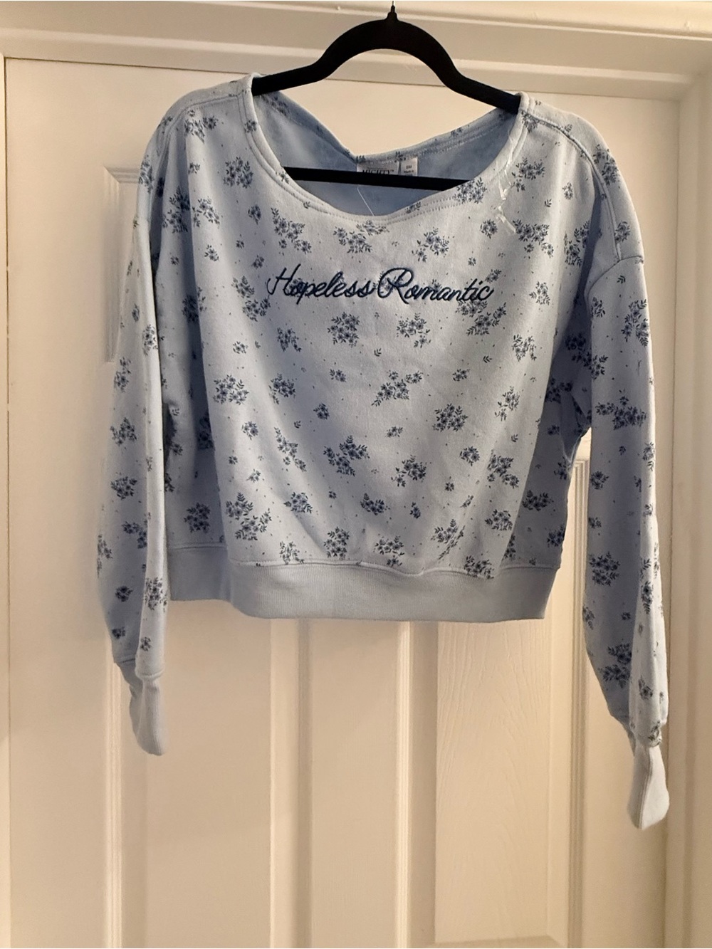 Mighty Fine Light Blue Floral 'Hapless Romantic' Cropped Sweatshirt